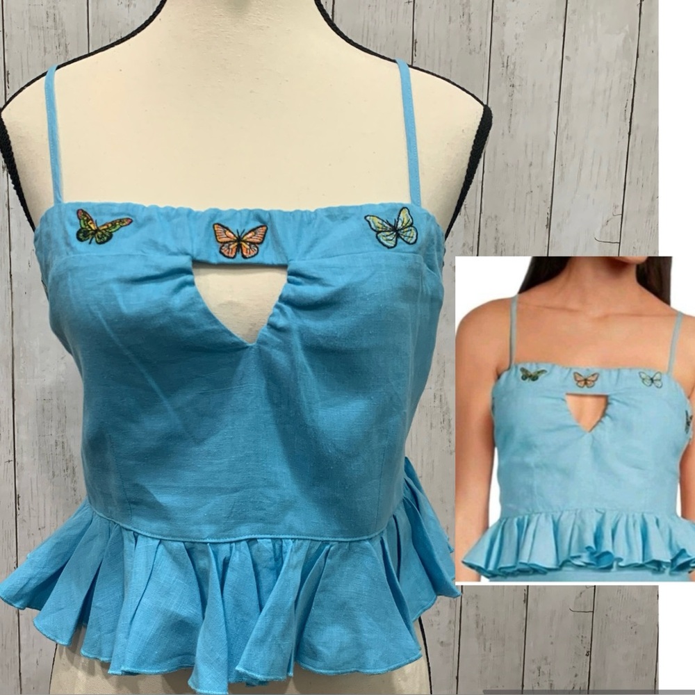 Fanm Mon Turquoise Butterfly Embroidered Peplum Crop Top
